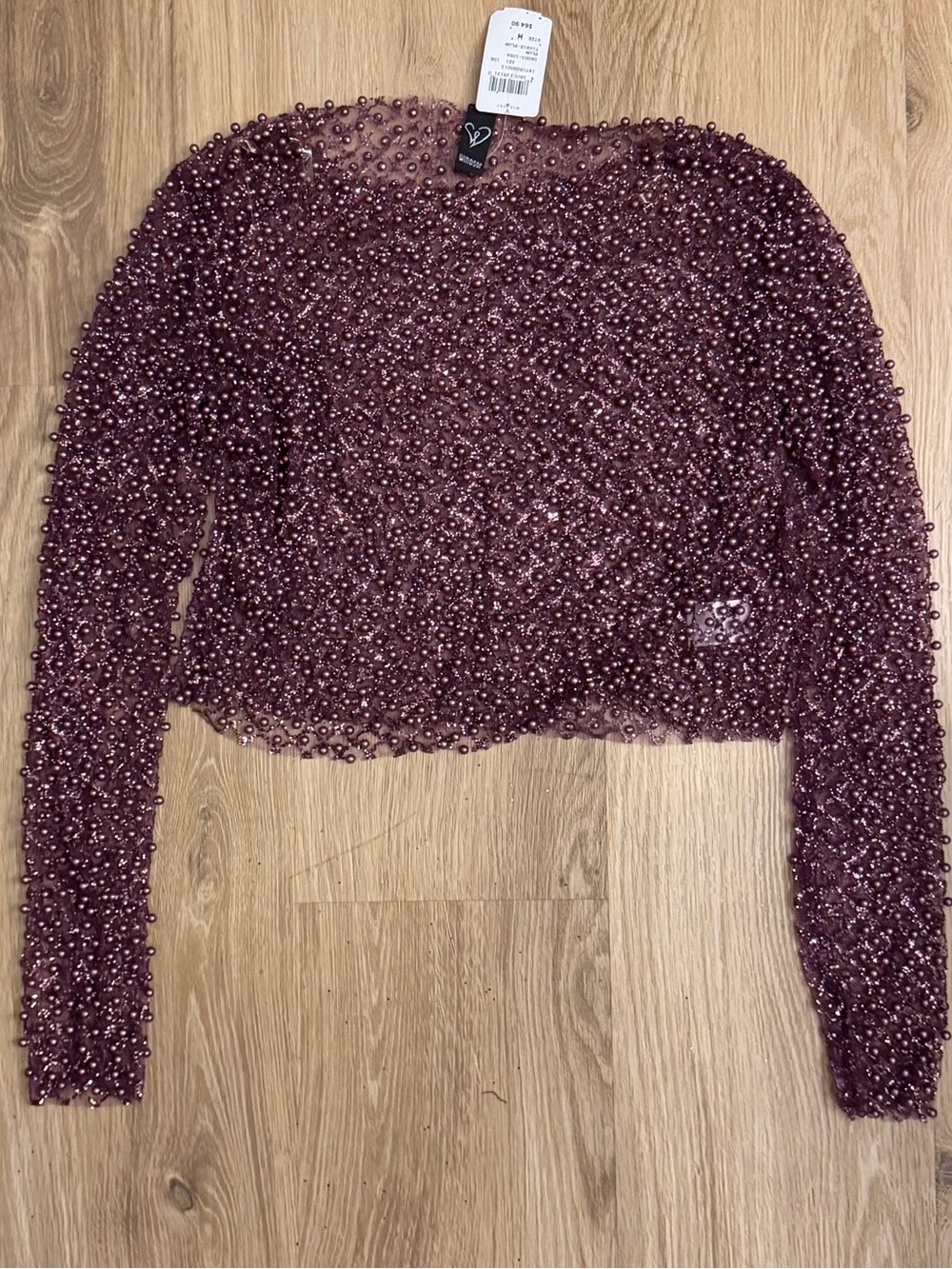 Windsor Beaded Mesh Long-Sleeve Crop Top - Mauve